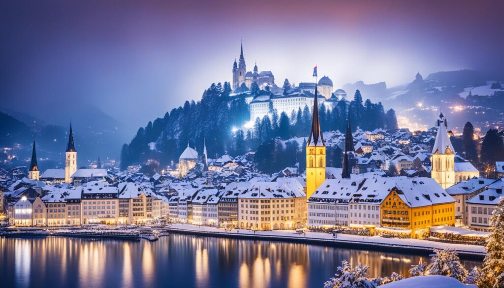 Snowy streets of Lucerne