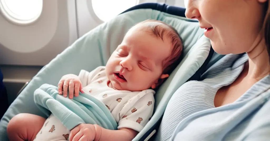 Mother with newborn baby on plane
