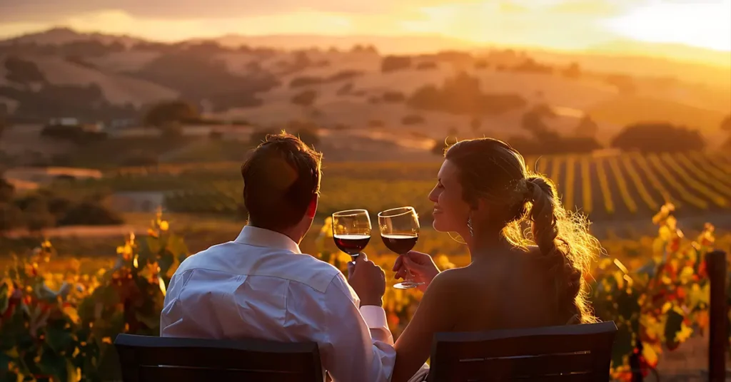 Young couple sitting on chairs in vineyard at sunset drinking red wine and enjoying the view