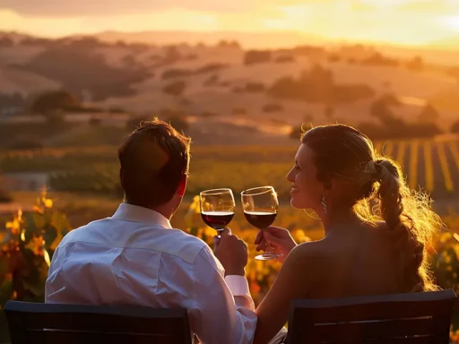 Young couple sitting on chairs in vineyard at sunset drinking red wine and enjoying the view