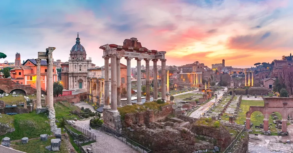 Panoramic view of ancient ruins of a Roman Forum or Foro Romano at sunsrise in Rome Italy View from Capitoline Hill